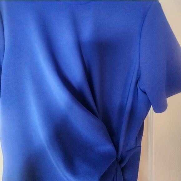TAHARI by Arthur Levine 10 Blue Midi Stretch Crepe Shortslve Lined Knot Dress - Picture 5 of 9